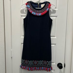 Kate Spade Navy Blue New York Embroidered Tassel Beaded Dress